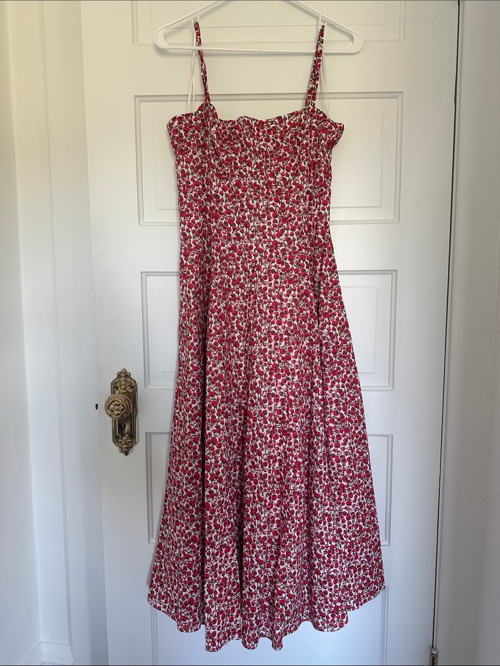 J Crew Seamed Flare Midi Dress in Liberty Fabric-Eliza’s Red